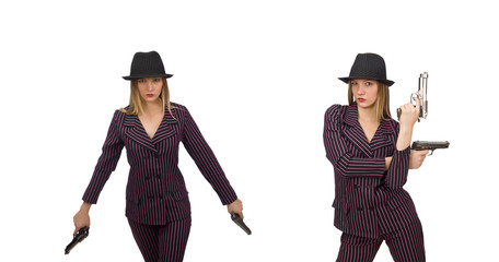 Gangster woman with gun isolated on white