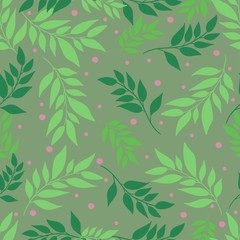 Branches of tree leaves. Leaf seamless pattern on green background with pink dots. Vector illustration. 