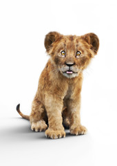 Fototapeta na wymiar Portrait of a adorable lion cub sticking his tongue out on a white background. Humorous wildlife 3d rendering