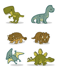 Vector set of young dinosaurs. Includes a tyrannosaurus rex, a diplodocus, a triceratops, an ankylosaurus, a stegosaurus and a pterodactyl. Can represent nature, giant animals and mass extinction.