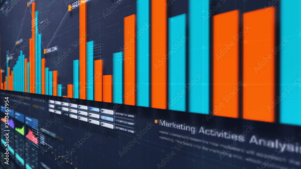 Fototapete business stock market, trading, info graphic with animated graphs, charts and data numbers insight a