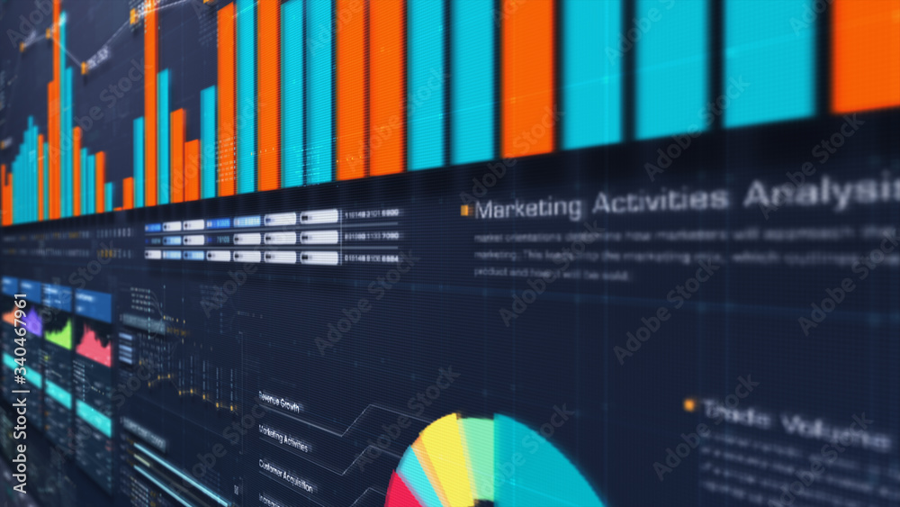 Poster business stock market, trading, info graphic with animated graphs, charts and data numbers insight a