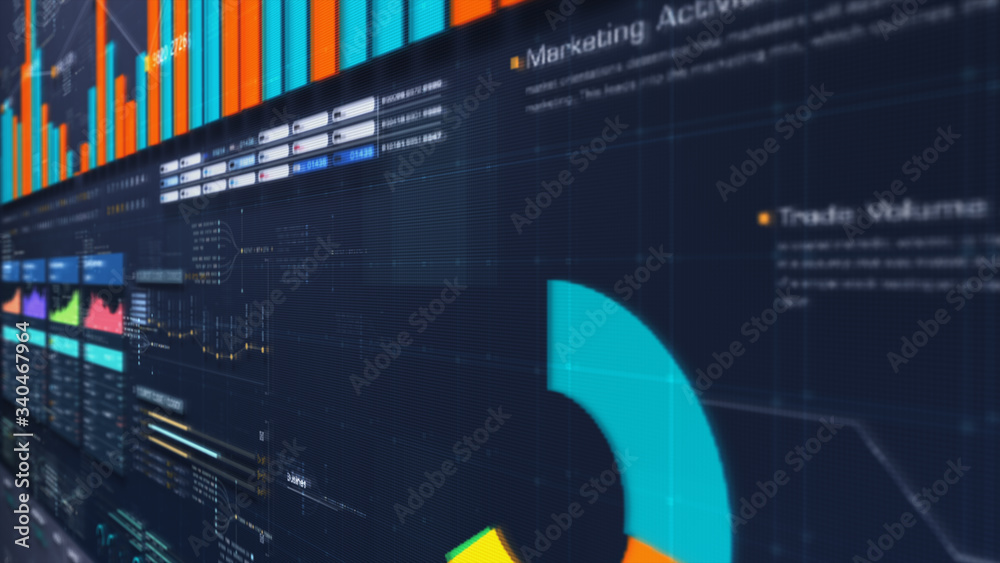 Leinwandbilder Business stock market, trading, info graphic with animated graphs, charts and data numbers insight analysis to be shown on monitor display screen for business meeting mock up theme
