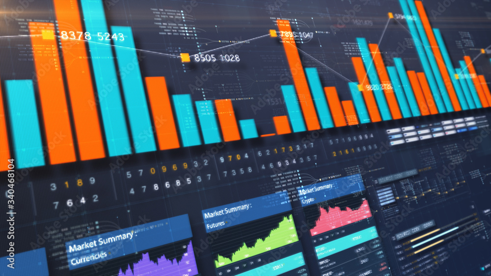 Leinwandbilder Business stock market, trading, info graphic with animated graphs, charts and data numbers insight analysis to be shown on monitor display screen for business meeting mock up theme