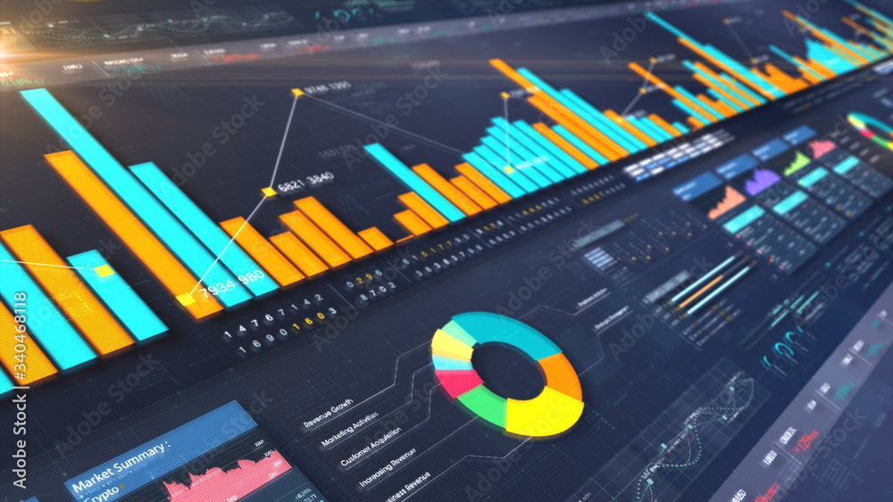 Poster Business stock market, trading, info graphic with animated graphs, charts and data numbers insight analysis to be shown on monitor display screen for business meeting mock up theme
