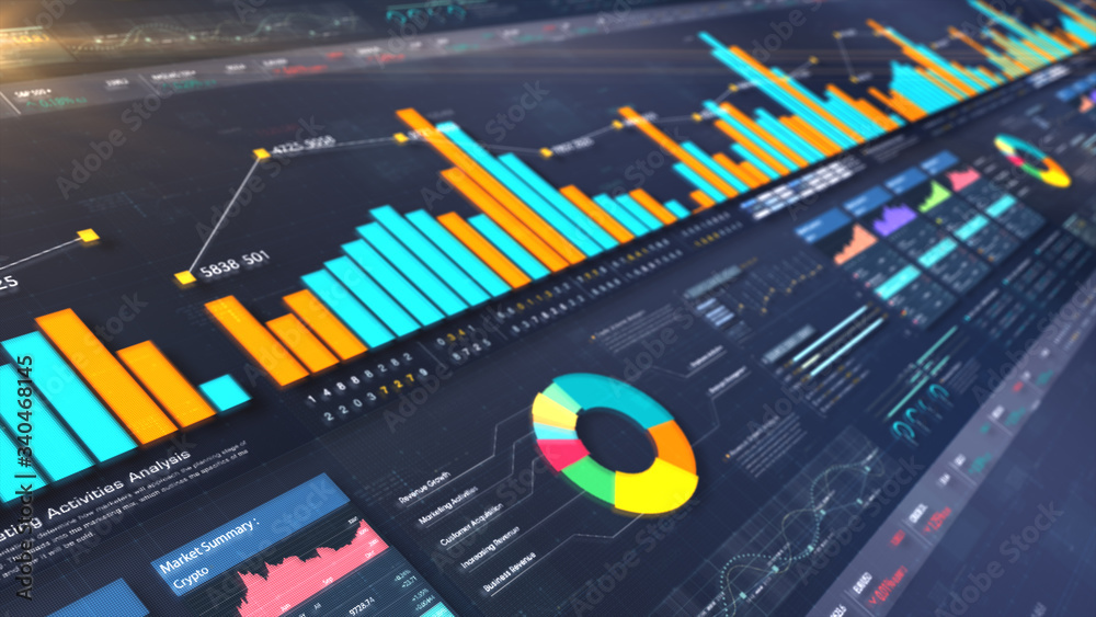 Fototapete business stock market, trading, info graphic with animated graphs, charts and data numbers insight a