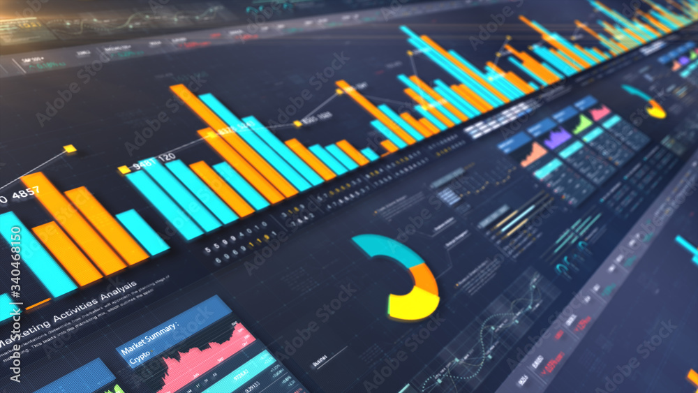 Poster business stock market, trading, info graphic with animated graphs, charts and data numbers insight a