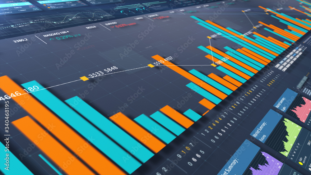 Poster business stock market, trading, info graphic with animated graphs, charts and data numbers insight a