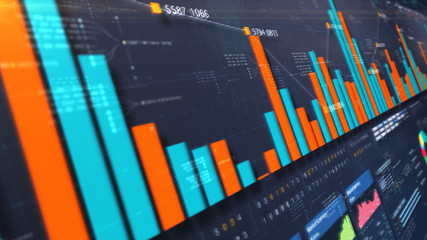 Business stock market, trading, info graphic with animated graphs, charts and data numbers insight analysis to be shown on monitor display screen for business meeting mock up theme