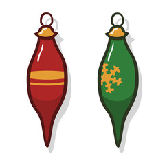 Red, green and gold Christmas tree ornaments with outlines and flat colors. Can represent the Holidays, December celebrations, festivities or seasonal decorations.