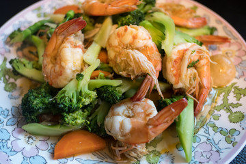 Stir fried vegetables with shrimp, Thai food