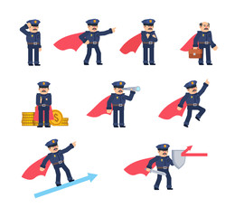 Set of policeman characters in super hero outfit showing various actions. Flat design vector illustration