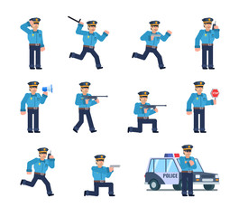 Set of policeman characters showing various actions. Police officer in blue shirt holding gun, pistol, running, patrolling and showing other actions. Flat design vector illustration