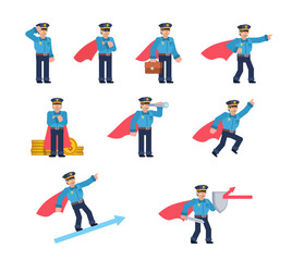 Fototapeta na wymiar Set of policeman characters in super hero outfit showing various actions. Flat design vector illustration