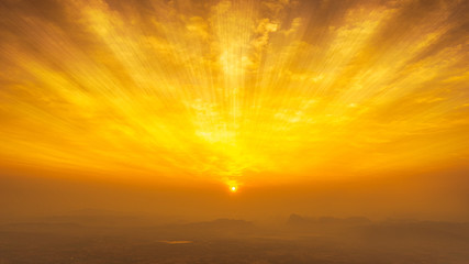 Golden hour sky and clouds with sunbeam landscape nature background