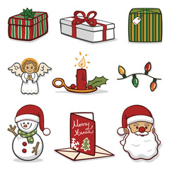 Vector set of cute cartoon Christmas icons isolated on a white background. Includes wrapped gifts, a praying angel, a glowing candle, Christmas lights, a happy snowman, a holiday greeting card.