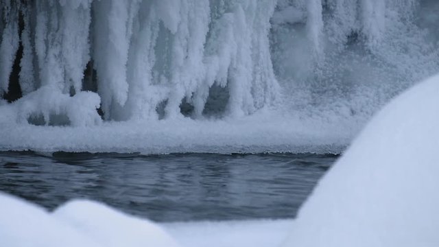 Video of ice icicles over frozen river Pescherka