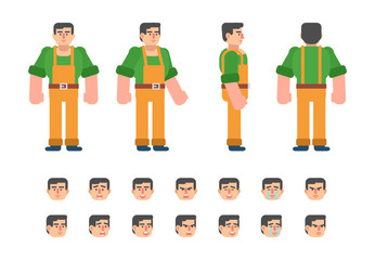 Construction worker or mechanic in blue overalls creation kit. Create your own pose or animation. Flat design vector illustration