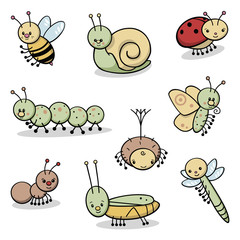 Set of cute insects and critters in soft colors with a black outline. Includes a bee, a snail, a caterpillar, a ladybug, a butterfly, a spider, an ant, a grasshopper and a dragonfly.