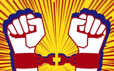 Hands in fetters with clenched fists break chain. Symbol of liberation and freedom. Revolution, call to fight. Vector bright dynamic cartoon illustration. Pop art