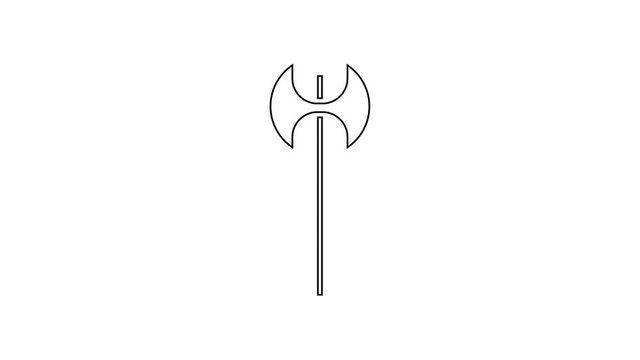 Black line Medieval axe icon isolated on white background. Battle axe, executioner axe. Medieval weapon. 4K Video motion graphic animation