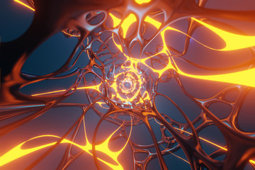 Abstract sci-fi tunnel with neon light. Cyberpunk style. 3d rendering - illustration.