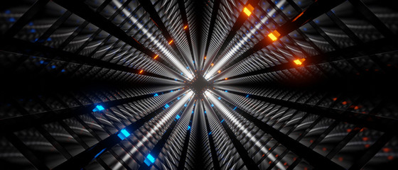 Abstract sci-fi tunnel with neon light. Cyberpunk style. 3d rendering - illustration.