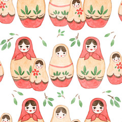 Watercolor illustration of Russian nesting dolls Matryoshka (Babushka) in folk costumes with flowers and leaves: seamless pattern for textile design, wallpaper, background, fabric or wrapping paper.