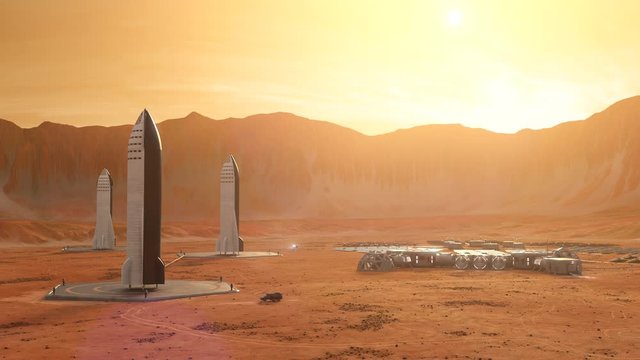 Mars sunris or sunshine. A depiction of a base on a hostile and barren planet. The small colony is equipped with two rovers for astronauts to use for exploration of the surface. 4k animation