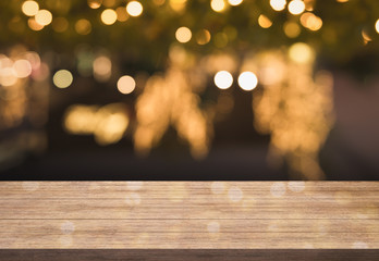 3D Rendering, Wooden top table with bokeh light effect and blur restaurant on background, blur background