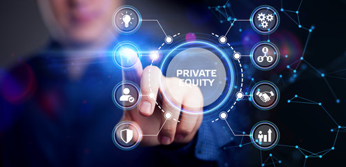 Business, Technology, Internet and network concept. Young businessman shows the word on the virtual display of the future: private equity