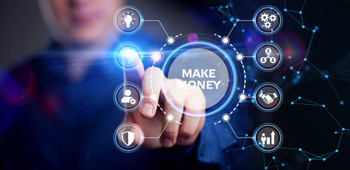 Businessman presses button make money on virtual screens. Business, Technology, Internet and...