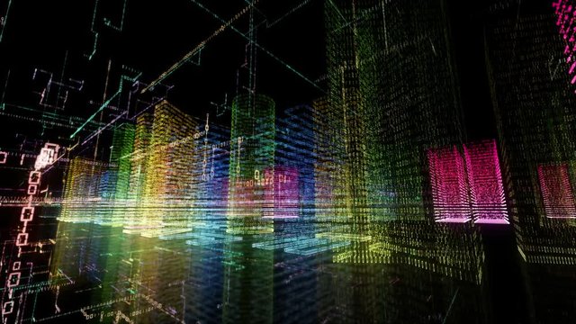 Abstract virtual city inside a computer system. Hologram 3D Big Data Digital City. Digital buildings with a binary code particles network. Technological and connection motion background. Looped