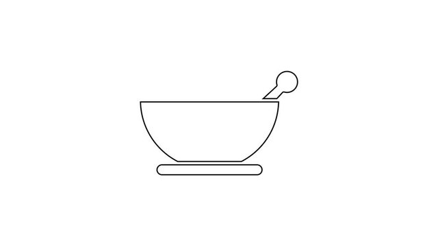 Black line Mortar and pestle icon isolated on white background. 4K Video motion graphic animation