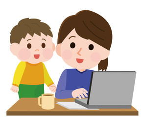 リモートワーク　母親と子供　在宅　イラスト
