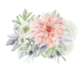 Flowers watercolor painting on white background. Isolated Clipart, Floral Wedding Invitation.