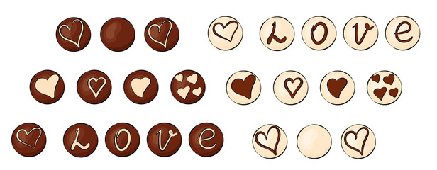 Set of round chocolates with love letters on white