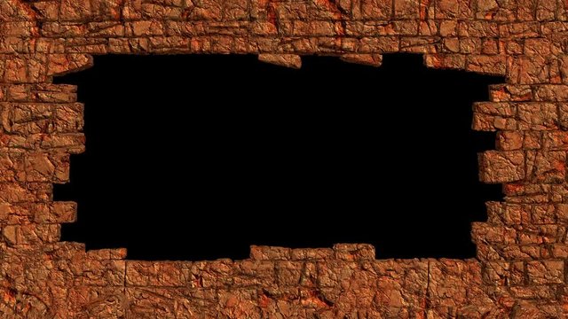The wall explosion, destruction of stone wall, stone wall collapse, wall breaking exploding. Stones fly forward, 3D animation. Full HD Footage. 