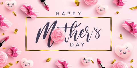 Mother's Day Poster or banner with sweet hearts and pink gift box on pink background.Promotion and shopping template or background for Love and Mother's day concept.Vector illustration eps 10