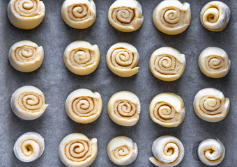 Pattern of raw cinnamon rolls, arranged on a baking tray.