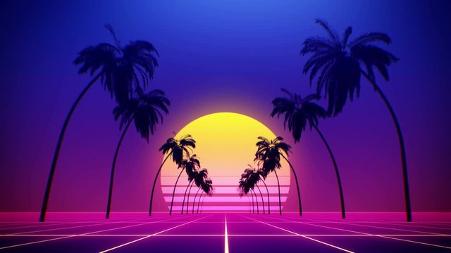 80's retro style background with tropical coconut trees and summer sunset from 3d render looped.