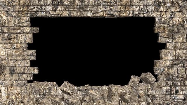 The wall explosion, destruction of stone wall, stone wall collapse, wall breaking exploding. Stones fly forward, 3D animation. Full HD Footage. 