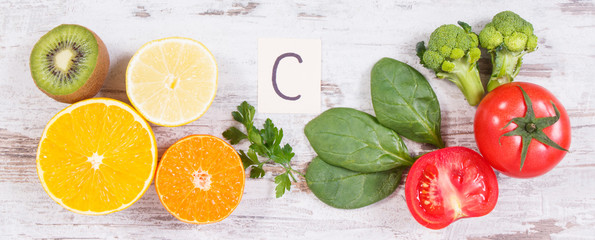 Fruits and vegetables as sources vitamin C, dietary fiber and minerals, strengthening immunity concept