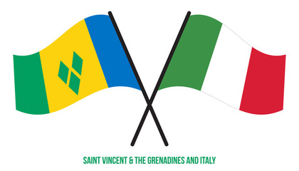Saint Vincent & the Grenadines and Italy Flags Crossed And Waving Flat Style. Official Proportion