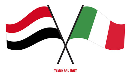 Yemen and Italy Flags Crossed And Waving Flat Style. Official Proportion. Correct Colors