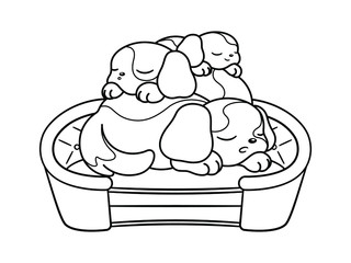 Cute puppies sleeping on top of each other on a dog bed cartoon. Vector illustration coloring book page for kids children and adult.