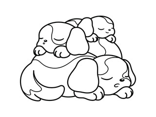 Cute puppies peaceful sleeping on top of each other vector cartoon black and white illustration outline. Coloring book page for kids children adults.