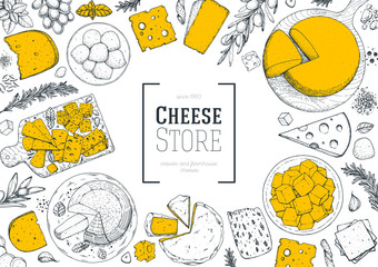 Cheese design template. Hand drawn sketch. Retro food background. Different cheese kinds banner. Dairy farm products cheese.