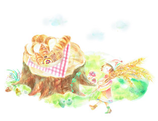 パンの盛り合わせ　小麦を運ぶ小人