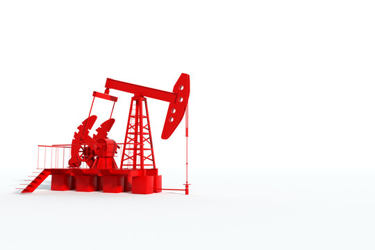 Red oil pump on a white background, oil rig industrial oil production, oil prices. Technology concept, fossil energy sources, hydrocarbons. copy space, 3D illustration, 3D render.